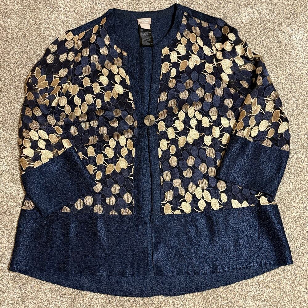 Chico’s Travelers Jacket Cardigan Women’s Sz 1 / L Navy Gold Embroidered Sheer